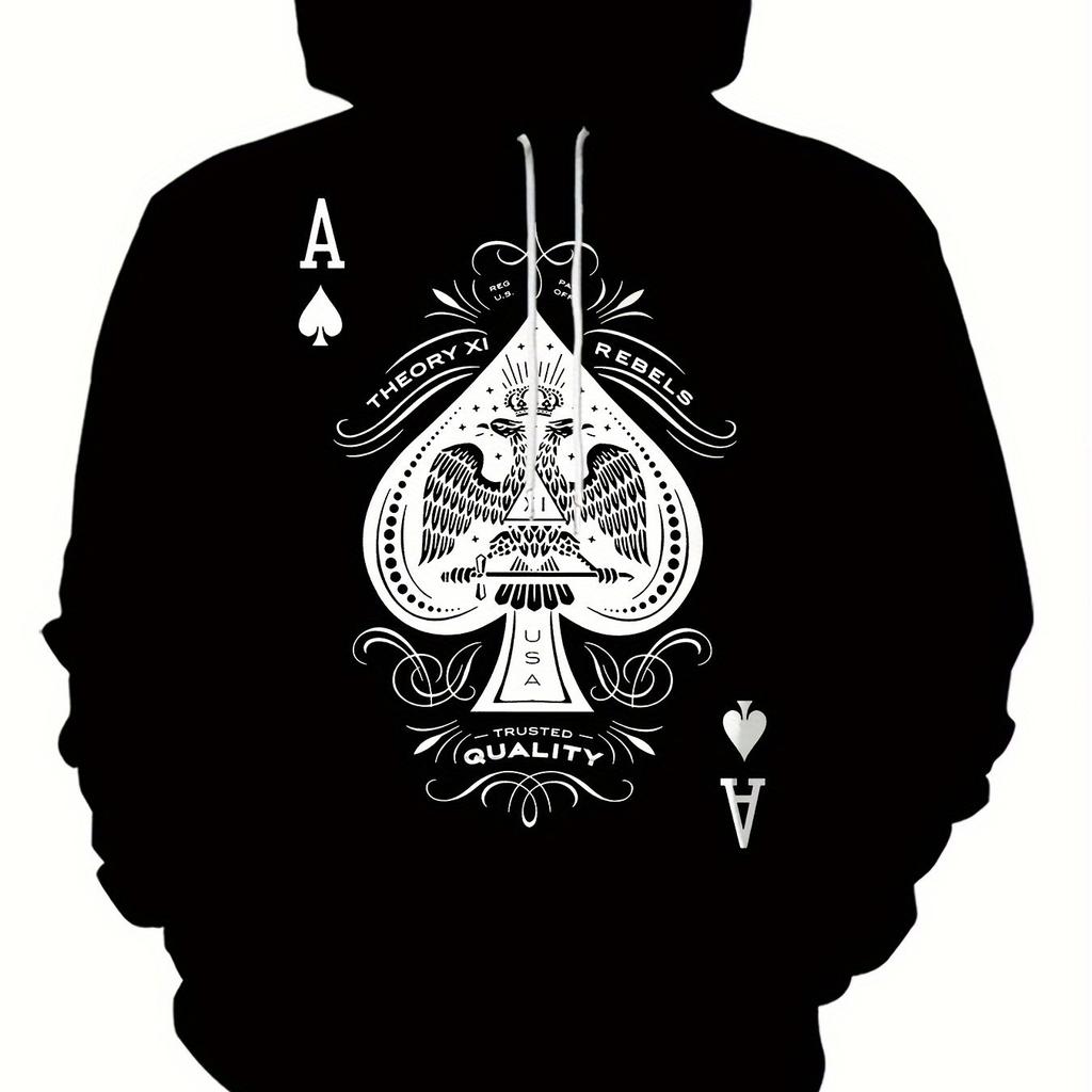 3D Pokerová grafická mikina s kapucí - Stylová a prodyšná mikina s dlouhým rukávem pro muže - Perfektní sportovní oblečení pro venkovní sporty, podzim a jaro