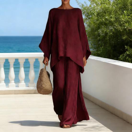 Completi da Salotto Estivi da Donna a Due Pezzi con Top Batwing a Manica Lunga Scollo a Barca e Pantaloni a Gamba Larga