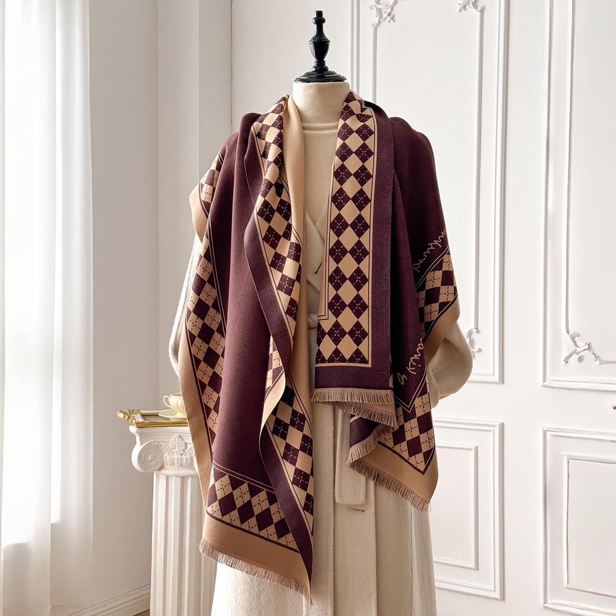 Роскошный клетчатый шарф Зимний теплый кашемировый женский шарф Женский шарф-палантин с кисточками Обернутый дорожный плащ-плед Большой шарф Ветрозащитный шарф