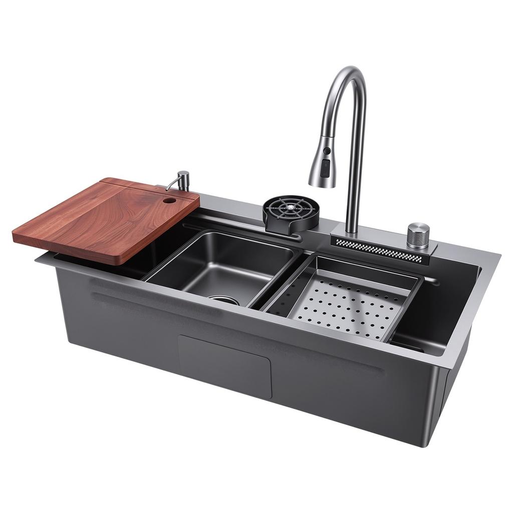 85cm Kitchen Top Mount Single Bowl Sinks, Stainless Steel Drop-In Farmhouse Basin with Ledge & Accessories, Household Dishwasher Sinks for RV, Prep