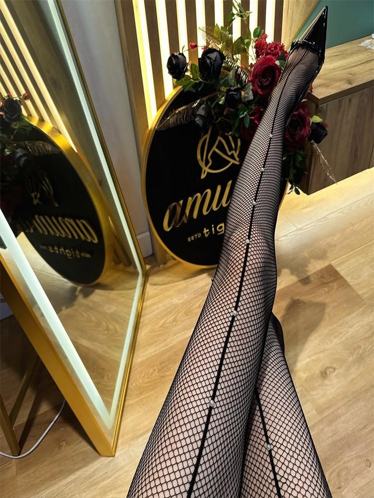 Sexy Crystal Line Fishnet Tights Women Bow Tie Patterned Tights Lace Fish Net Stockings High Waist Gothic Party Pantyhose