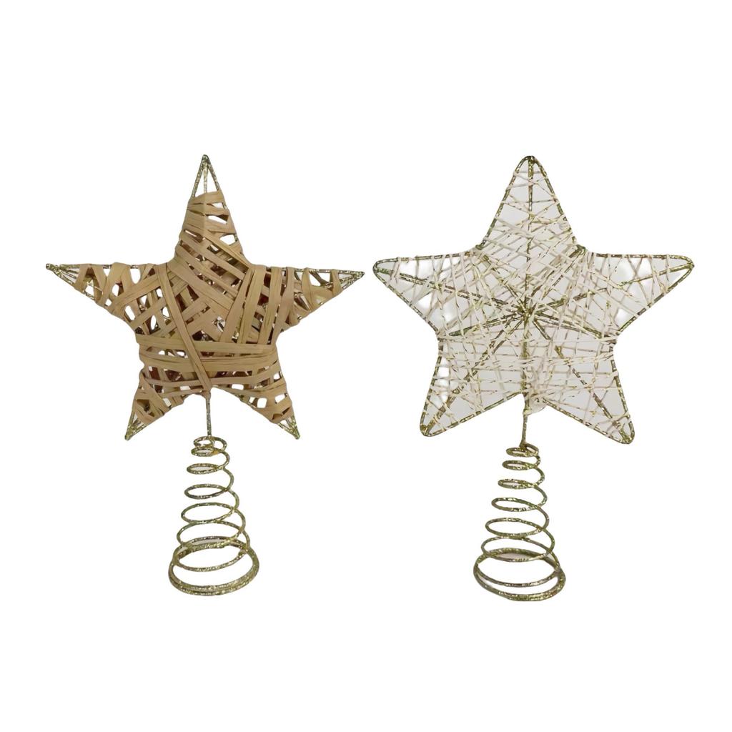 Gold Five-Pointed Star Tree Topper - Rope Wrapped, Hollow Design with Sparkling Powder, Iron Construction for Christmas Decor.