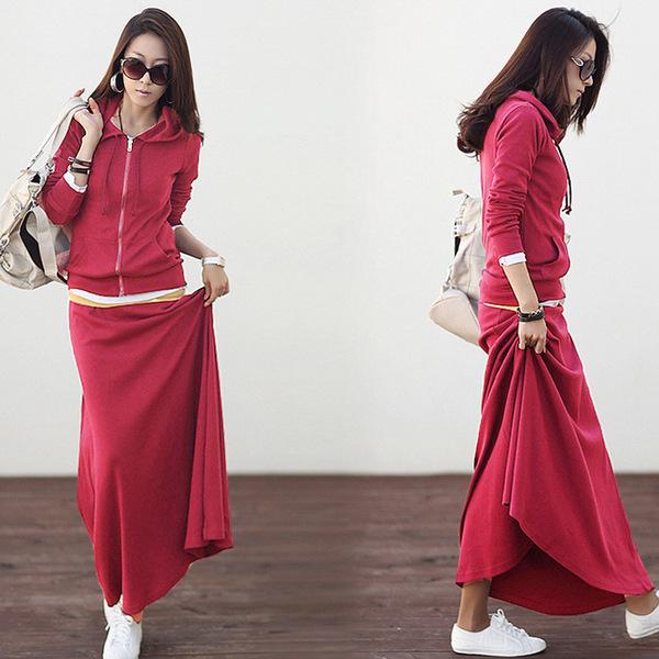 2025 Spring Casual Slim Fit Long Skirt & Hooded Sweater Set - Plus Size