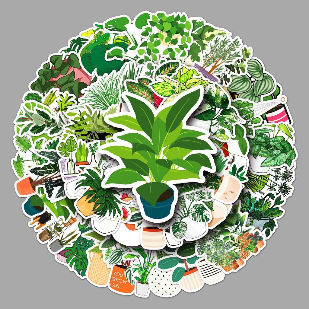 50 Green Plant Stickers: Cartoon-Style for Suitcases, Laptops, Cars, and More