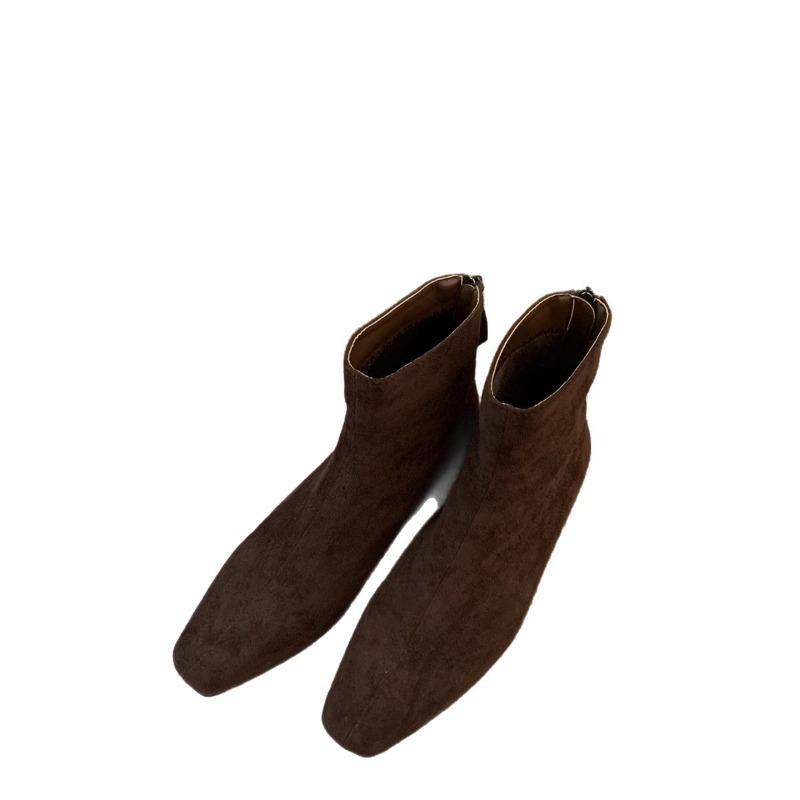 Coarse Heel Suede Square Head Short Boots Women's Autumn and Winter New Warm Velvet Women's Boots Thin Boots Fashion Boots