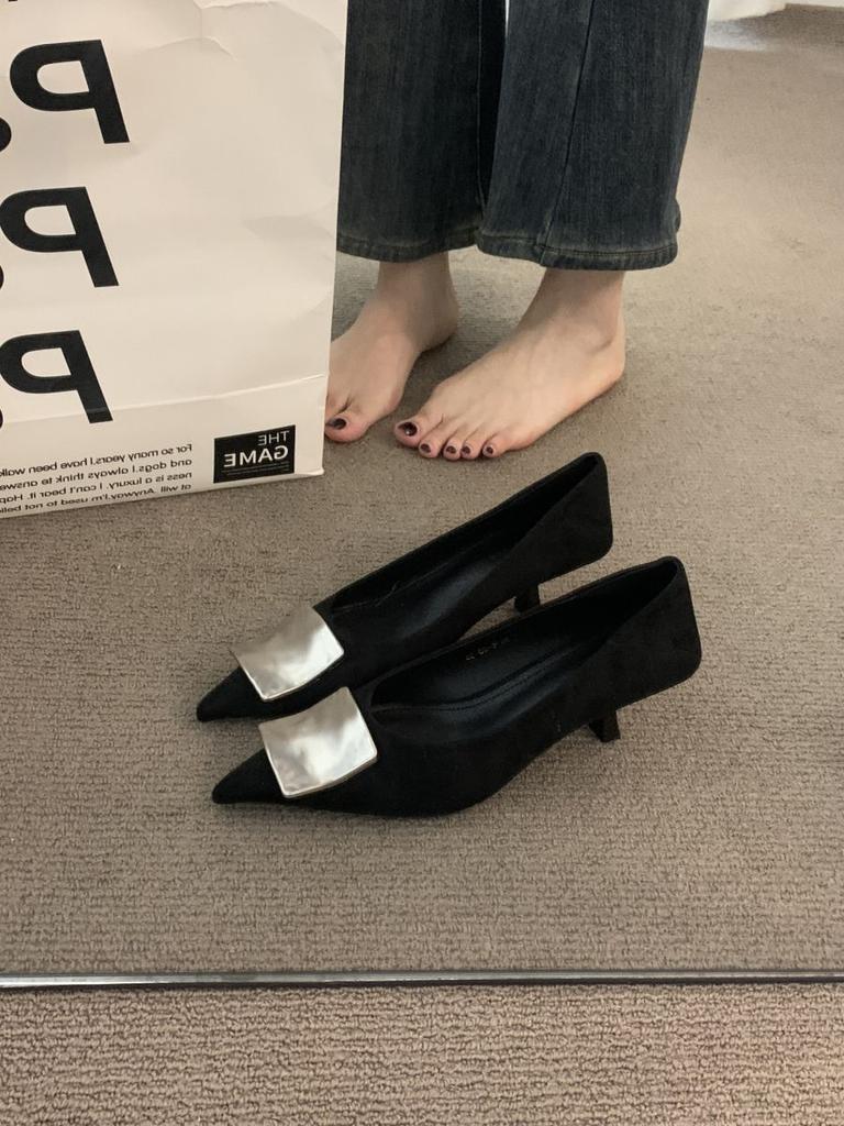 Premium Sense Niche Black Pointed Temperament Single Shoes Women's Shoes Autumn French Commuter Stiletto Evening Grandma Shoes