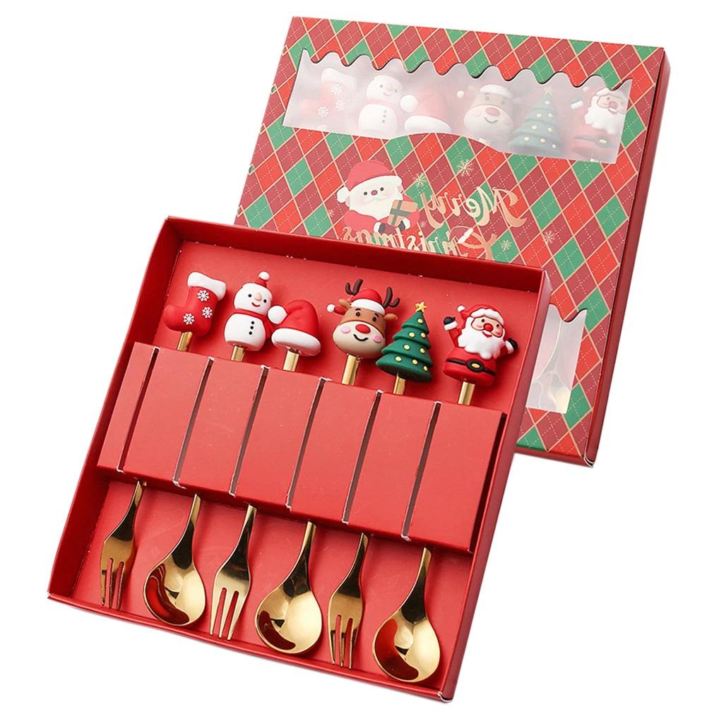 2/4/6PCS Christmas Gift Glod Spoon Fork Set Elk Christmas Cutlery Set Tree Decoration Dessert Scoop Fruit Fork Coffee Spoon