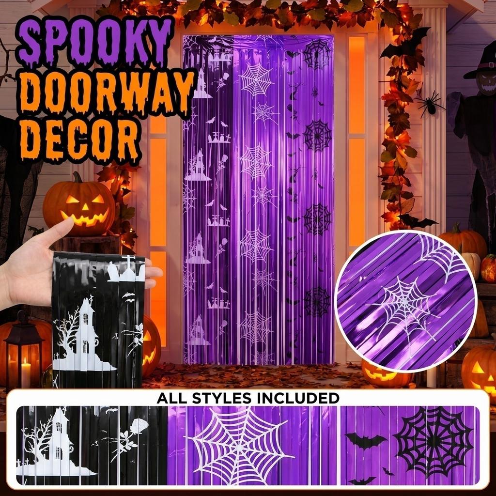 Halloween Tassel Door Curtain, Black Purple Beaded Curtain for Party Decoration, 200100cm
