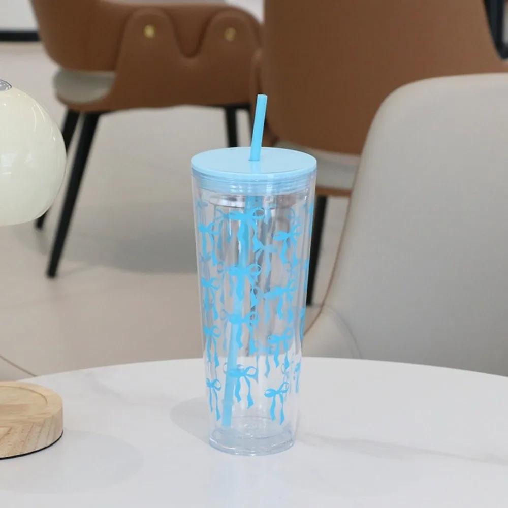

Portable Cute Bowknot Travel Water Bottle Plastic Transparent Straw Cup 700ml with Lid and Straw Juice Cups синій
