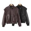 Womens Vintage Inspired Bomber Jacket PU Leather Long Sleeve Loose Fit Streetwear Outerwear