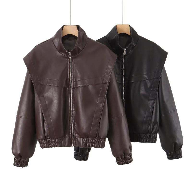Womens Vintage Inspired Bomber Jacket PU Leather Long Sleeve Loose Fit Streetwear Outerwear