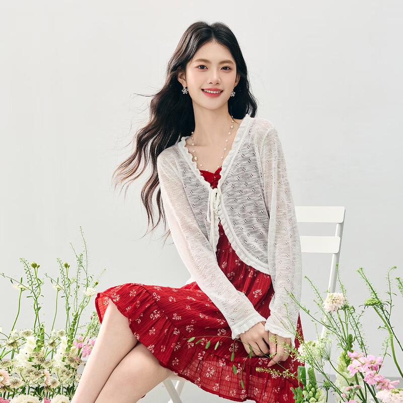 sllsky Women's Vintage Red Floral Ruffle Cami Dress