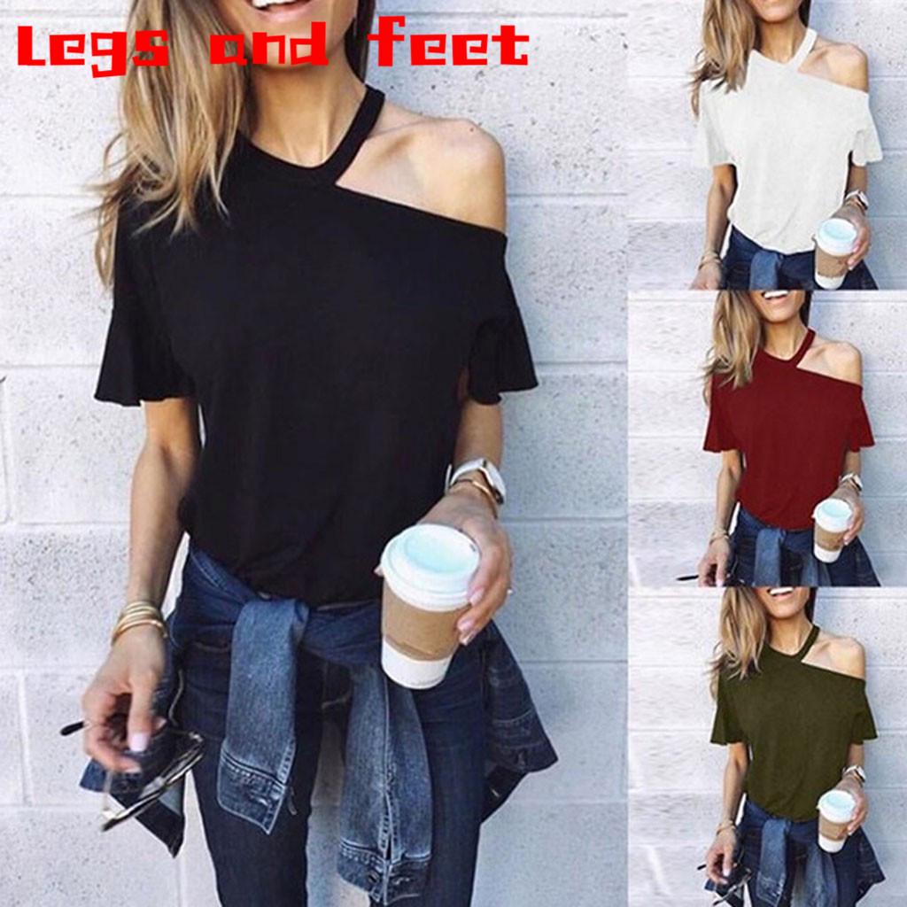 Women Summer Casual Pure Color Cotton O Neck Shirt 5