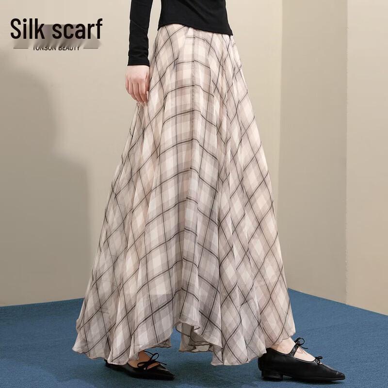 Sibaishe Women s High-Waist Draped Plaid Midi Skirt XL