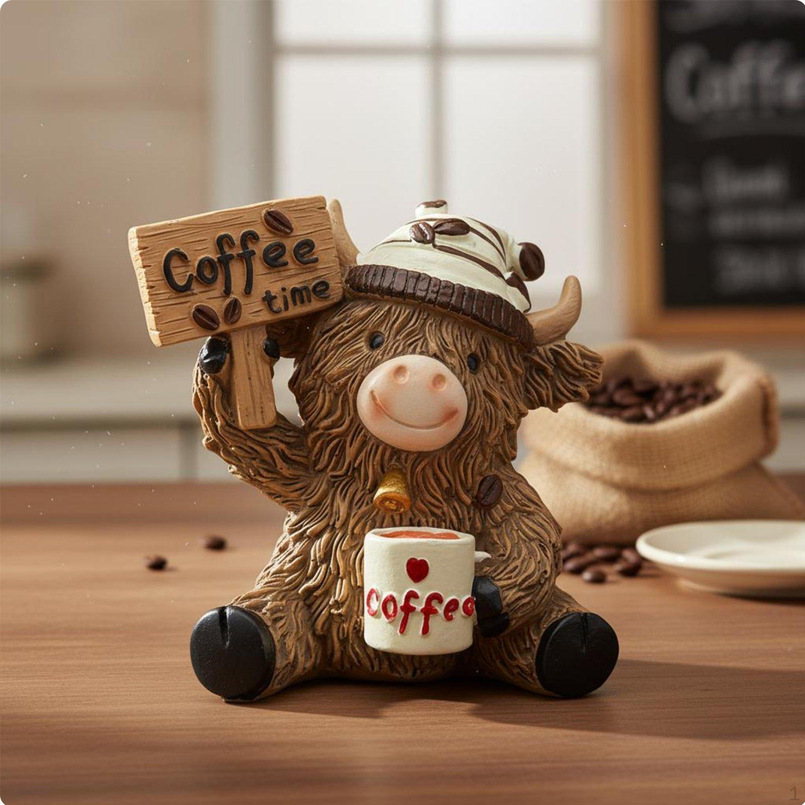 Coffee Theme Cow Sculpture Cute Design Shaggy Figurine HandPainted Look Resin Cattle Figure for