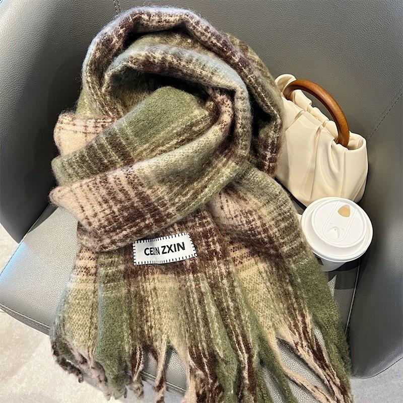 Autumn Winter Atmosphere Plaid Scarf Women Men Couple Thickened Mohair-Like Cashmere Student Warm Neck Wrap