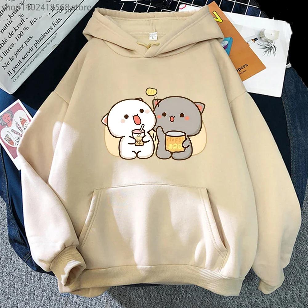 Mochi Peach Cat Hoodies Kawaii Clothing Bubble Tea Graphic Sweatshirts Harajuku Casual Camisetas De Muje Tops Women