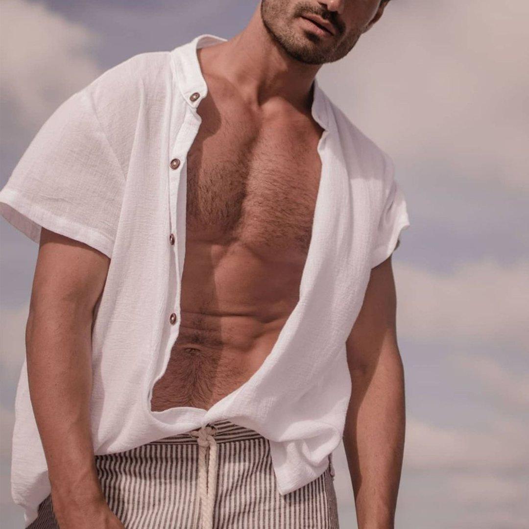 

Мужская простая однотонная рубашка со стоячим воротником и короткими рукавами свободного кроя для мужчин XXXL белый