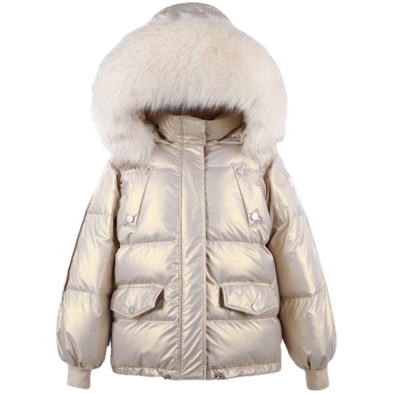 Down jacket glossy female Korean version fashion big fur collar loose bread jacket white duck down thick coat