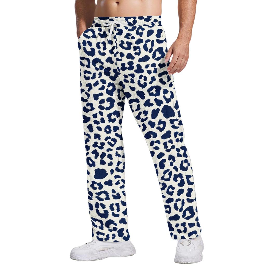 Men's Loose Fit Casual Leopard Print Pants Drawstring Waist Breathable Athletic Long Trousers for Daily Wear and Sports