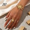 Women Hand Jewelry 2Pcs Retro Sun Bangle Ring Set, Open Adjustable Cuff Bracelet Golden Tone & Ring, Plated Statement for Set