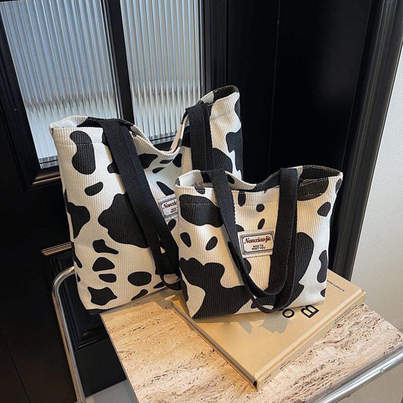 Fashion Large Capacity Cow Print Corduroy Tote Bag for Women Reusable Cute Commuter Shoulder Bag with Zipper, Foldable Shopping Bag