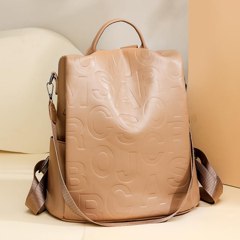 Large Capacity Backpack Women's Letter Backpack Soft Leather Travel Bag Multifunctional Shoulder Bag