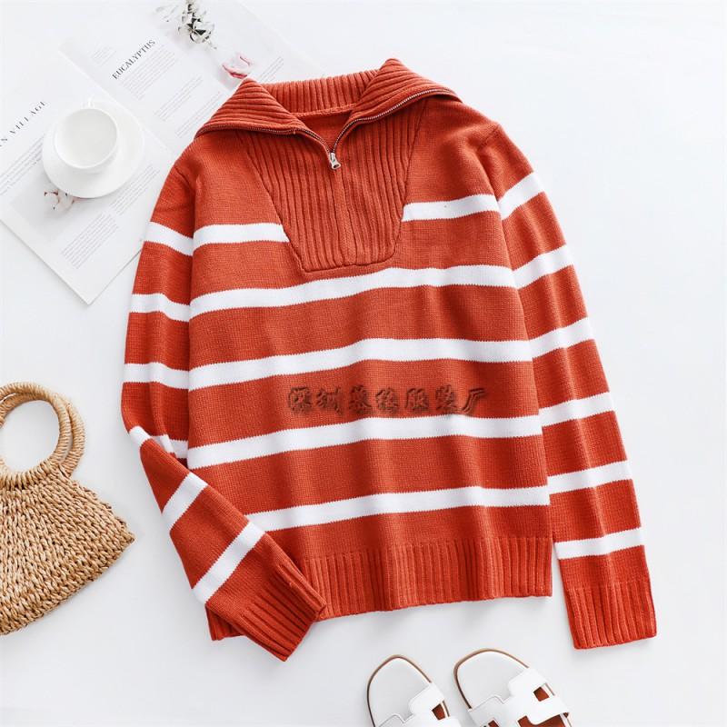 Womens High Neck Striped Knit Sweater With Zipper Front Loose Fit Long Sleeve Pullover Winter Office Wear