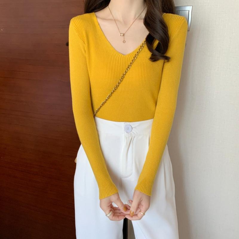 Frühlings-V-Ausschnitt Gestricktes Langarm Slim Fit Warmes Unterhemd Retro Pullover für Damen