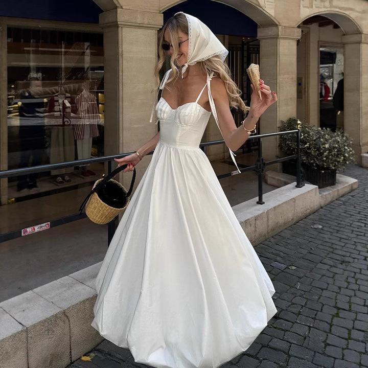 Pure cotton suspender balloon dress European and American summer waist bubble pendulum dress pure cotton dress women