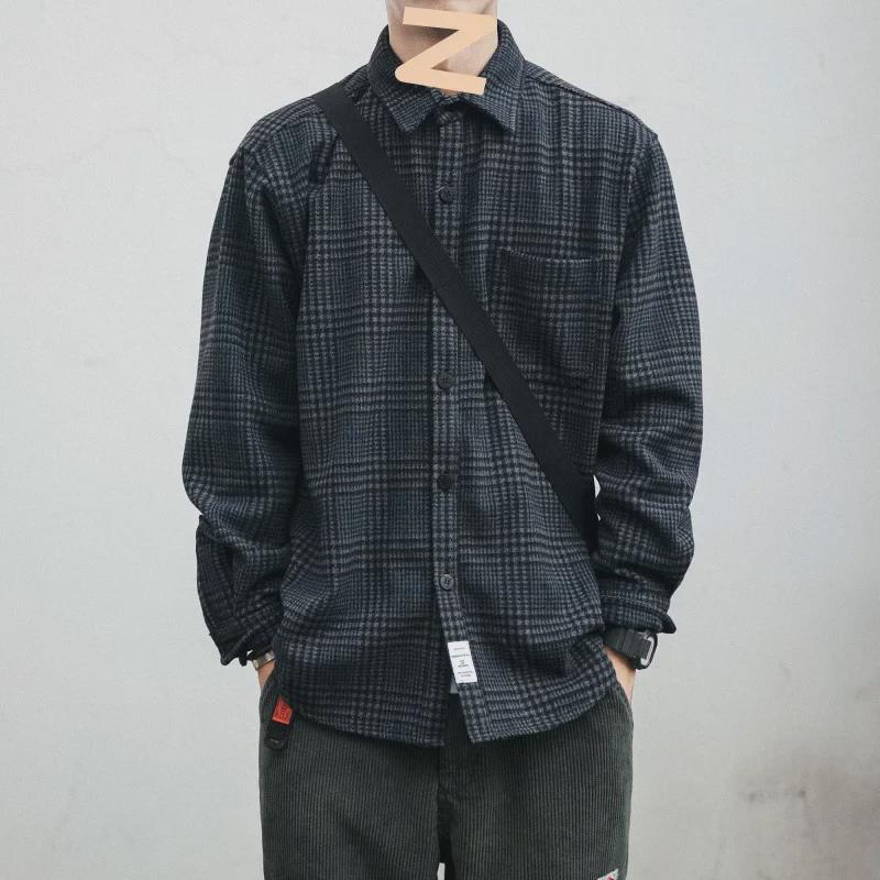 Men's Trendy Retro Plaid Woolen Shirt - Autumn/Winter Long-Sleeve, Loose Fit, Versatile and Thickened Casual Wear