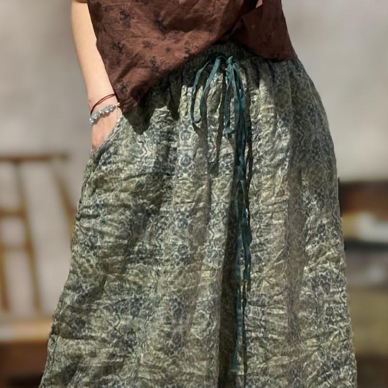 Johnature Women Vintage Striped Pants Print Floral Elastic Waist Loose Trousers Autumn Belt Casual Long Pants