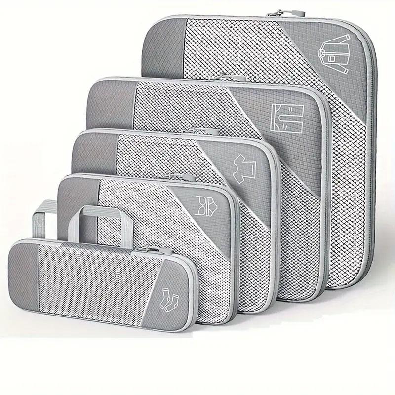 Diamond Grid Compression Travel Organizer 5-Piece Set: Suitcase and Clothing Storage Bags