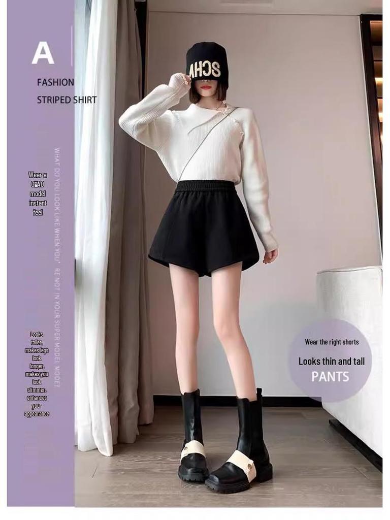 Women's Elastic Waist Woolen A-Line Shorts - Autumn/Winter 2024, Versatile Loose-Fit Bootcut for a Slimming Casual Look