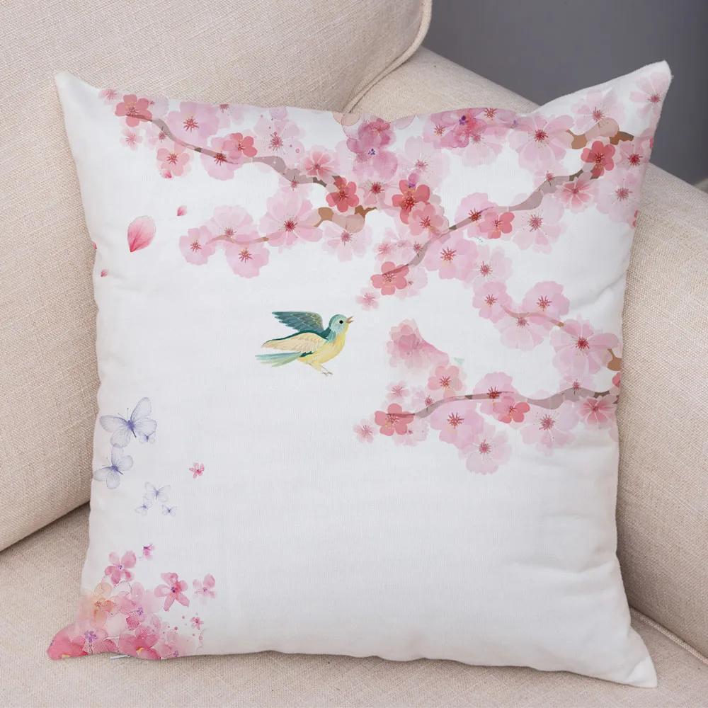 Pink Peach Blossom Cushion Cover Decor Watercolor Cartoon Plant Tree Pillow Case for Sofa Home Car Soft Plush Pillowcase 45x45cm