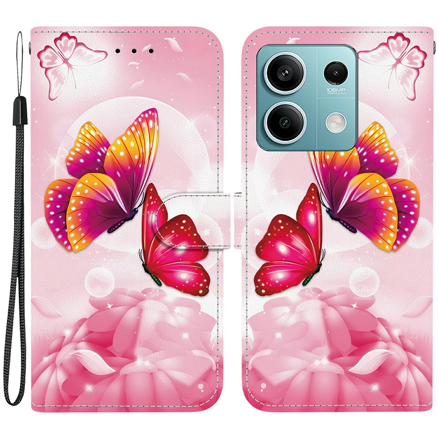 

Чехол для Xiaomi Redmi Note 13 5G с принтом, противоударный кожаный чехол-книжка с кошельком и ремешком Pink Butterfly