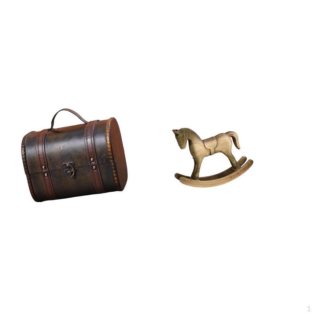 Vintage Wooden Jewelry Box Organizer Treasure Chest with Rocking Horse Figurine Rustic Home Decor