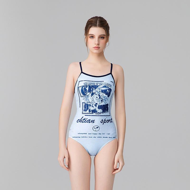 

Blue Bugs Bunny Pattern One-piece Triangular Hot Swimming Suit Women s Racing Sports Double-layer Large Size Slightly Fat 2XL