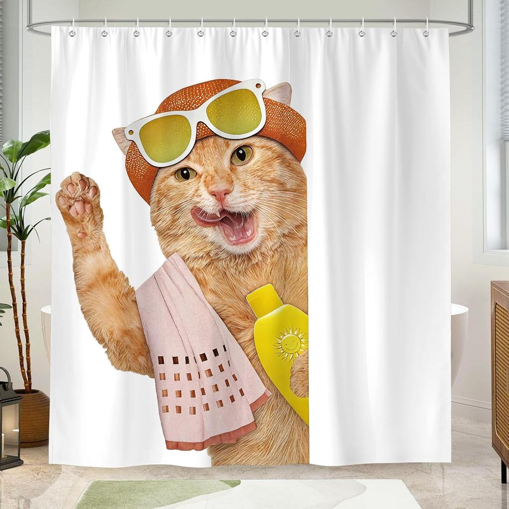 Funny Cat Shower Curtains 72 x 72 inch,Bathing Cat Waterproof Polyester Fabric Bathroom Curtain with 12 Hooks