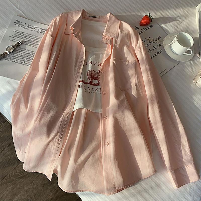 Simple Women Shirt Korean Loose Long Sleeve Chic Button Up Casual Fall Office Ladies Blouse