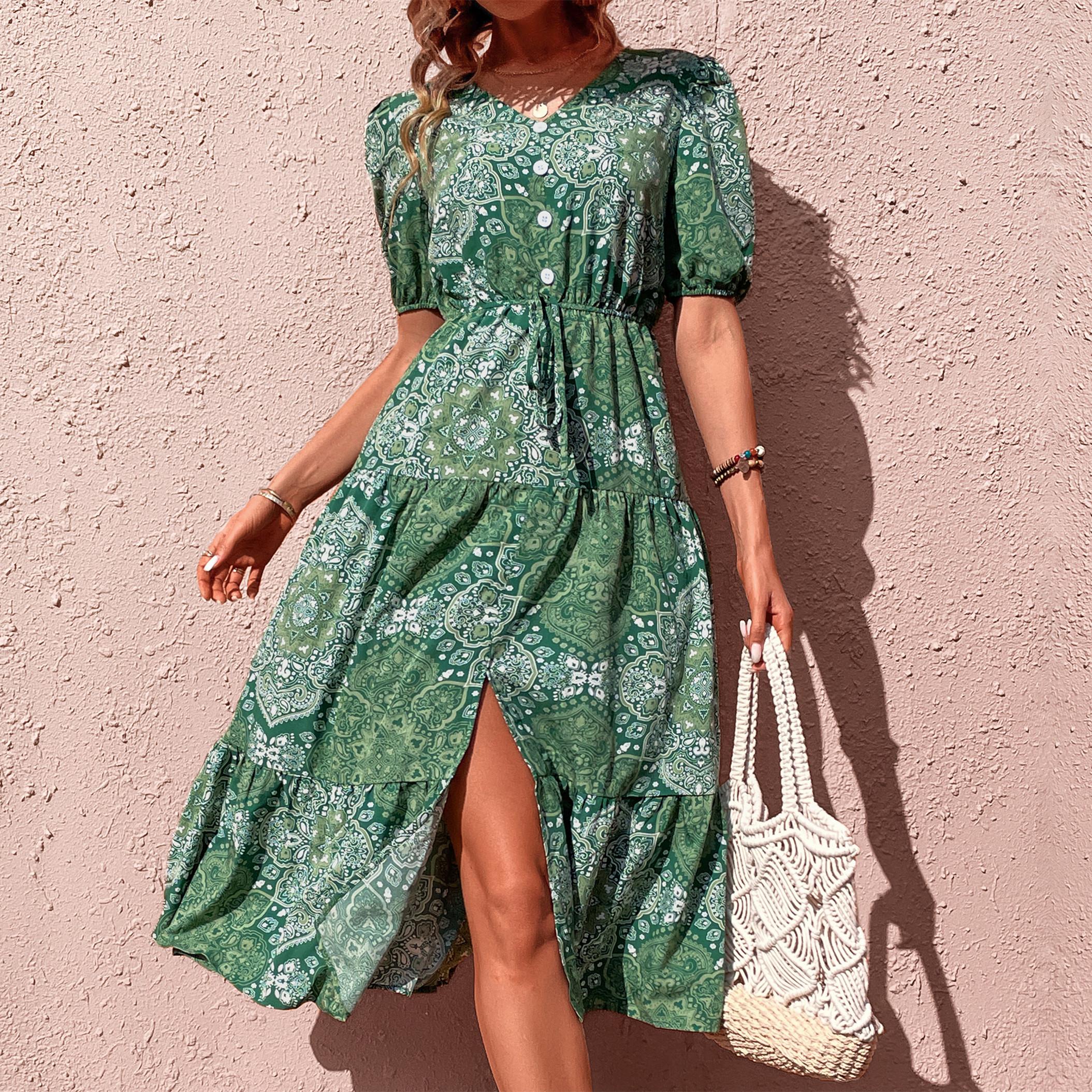 

YYFS женские модные летние весенние повседневные платья с короткими рукавами и v-образным вырезом M зелёный