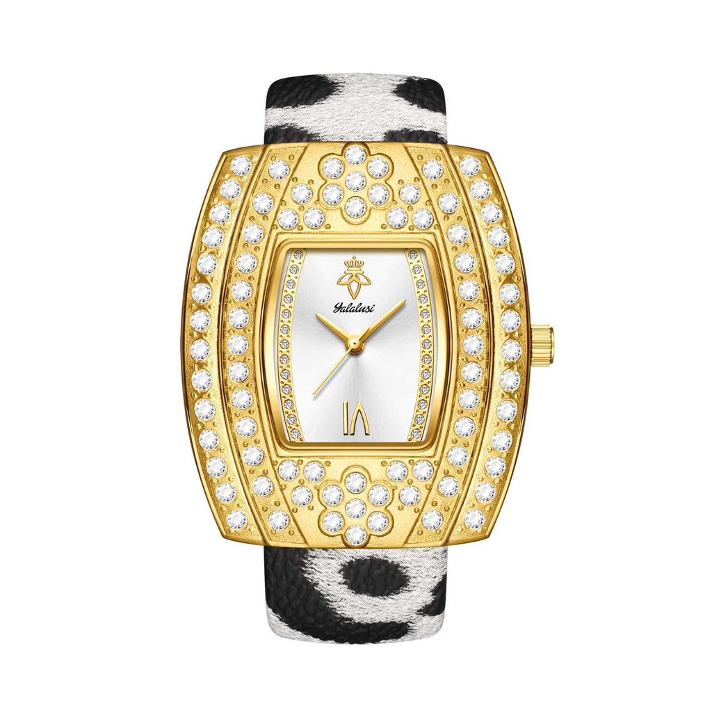 Moderne tonnenförmige Damenuhr Gold Iced Out Zifferblatt mit Leopardenarmband Luxus Quarz-Armbanduhr für Damen