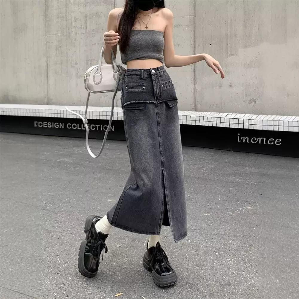 Gonna di Jeans A-line Taglie Forti Petite Vita Alta con Frange - Autunno 2025 Lunghezza Media