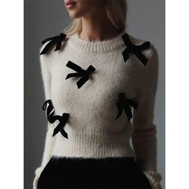 Bow Tie Long Sleeved Pullover Sweater Pure Color Bows Long Sleeves Pullover