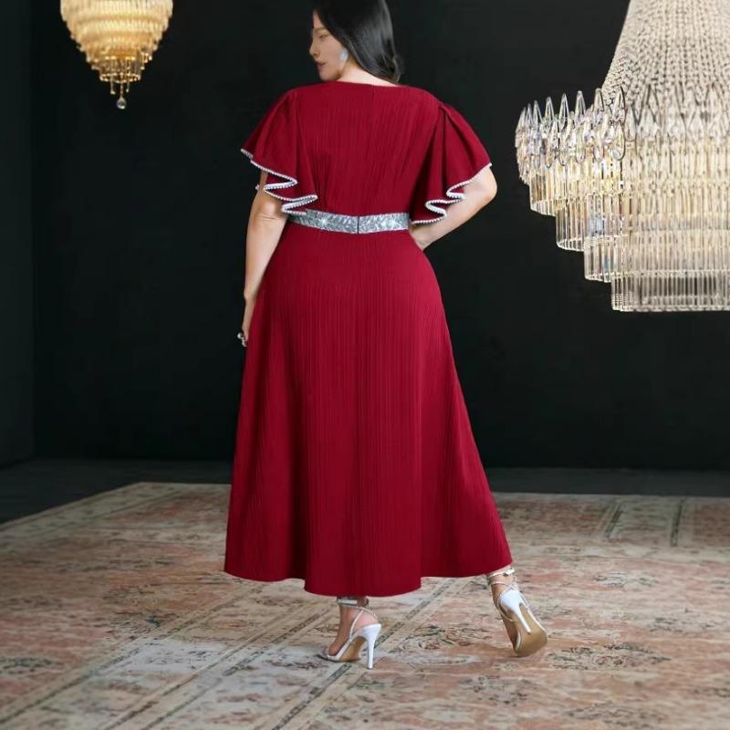 Plus Size Women Striped V Neck Sequined Patchwork Elegant Midi A Line Dress