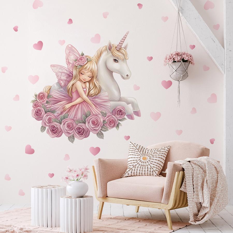 Cute Cartoon Girl & Unicorn Wall Decal Pink Heart Nursery Decor Waterproof Sticker for Kids Playroom Home Decoration