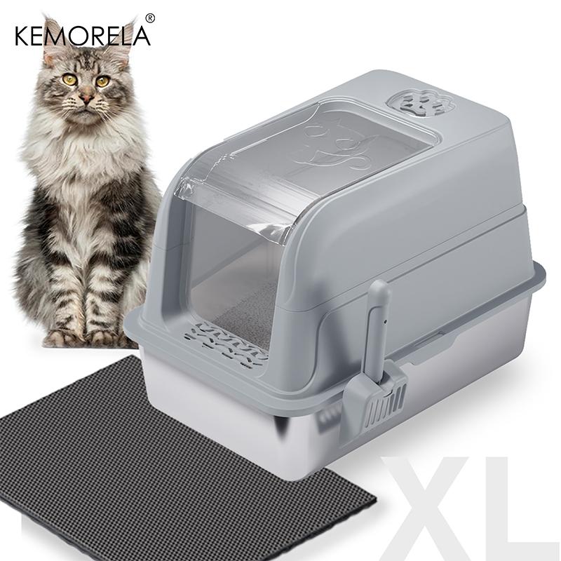 

KEMORELA Закрытый лоток для кошек из нержавеющей стали с крышкой и совком, Высокобортный металлический поддон для кошек, предотвращающий протекание, для маленьких и больших кошек серый