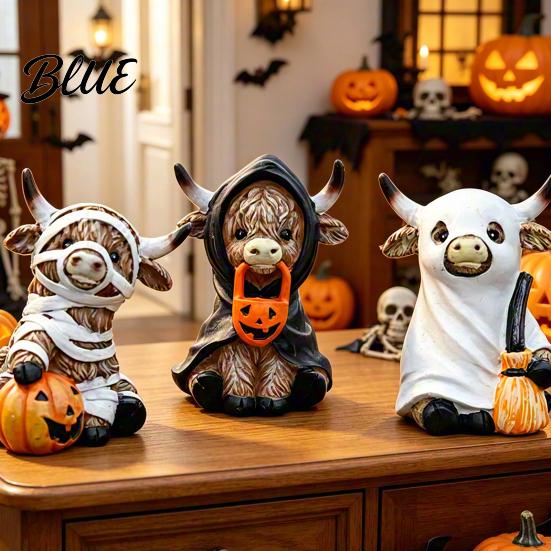 Halloween Highland Cow Ornaments Statue Decor Funny Resin Ghost Figurine for Home Mummy Decoration Office Tiered Tray Table Desk Mantel Shelf