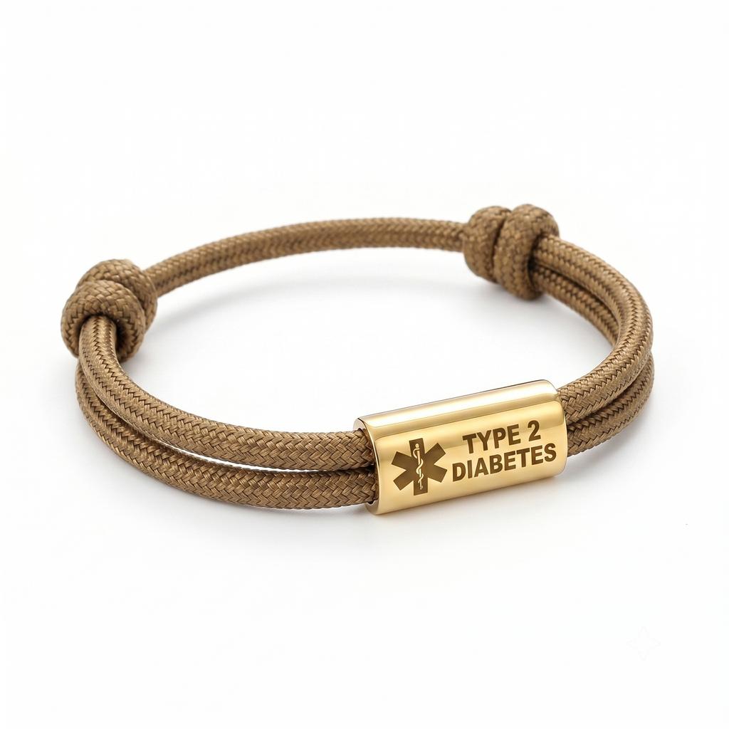 Bracciale Diabete di Tipo 2 Acciaio Inossidabile Barra Incisa Corda di Nylon Intrecciata Doppia per Uomo Donna