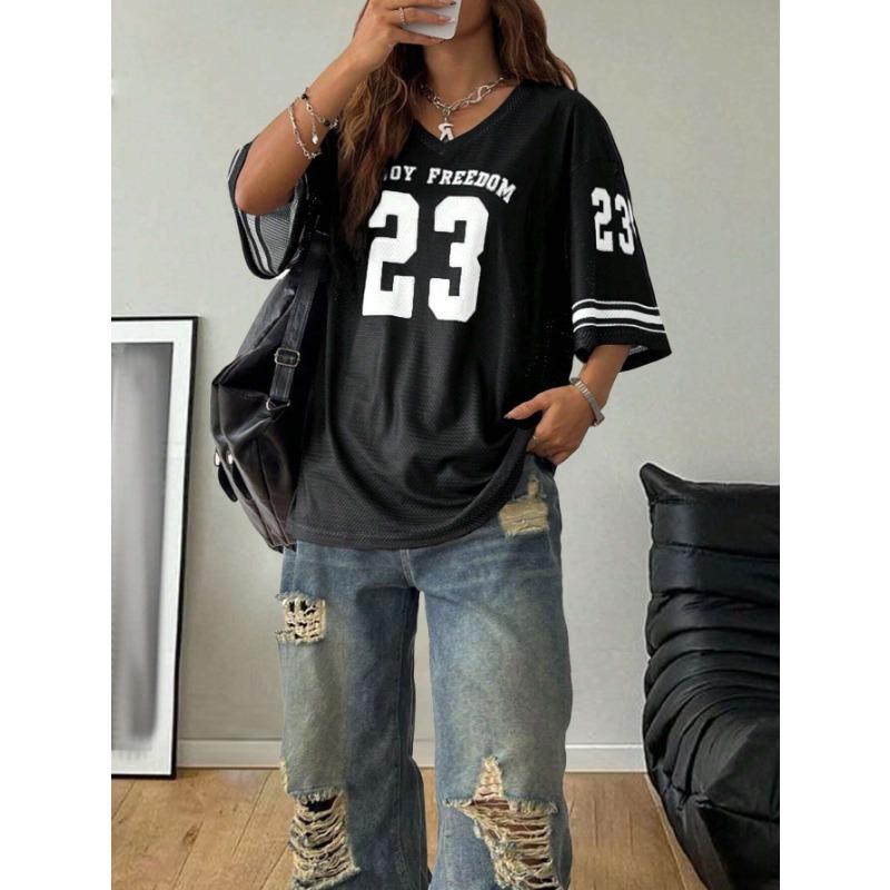 

Summer New Black Enjoy Freedom 23 Print T-Shirt For Women V-Neck Short Sleeve Mesh Sports Football Jersey Y2K Oversized Tops XL